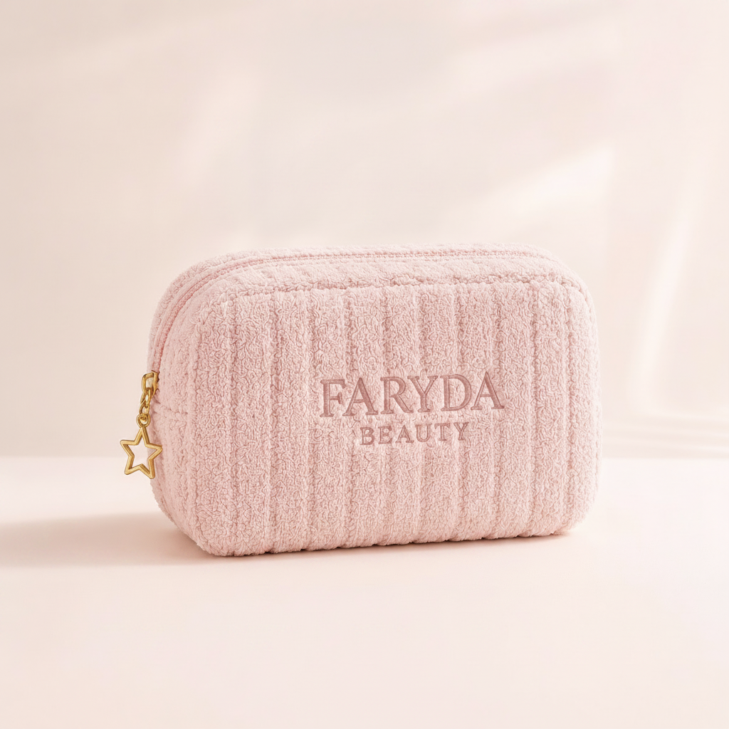 Pink Hour terry makeup bag by Faryda Beauty – soft pink zip pouch