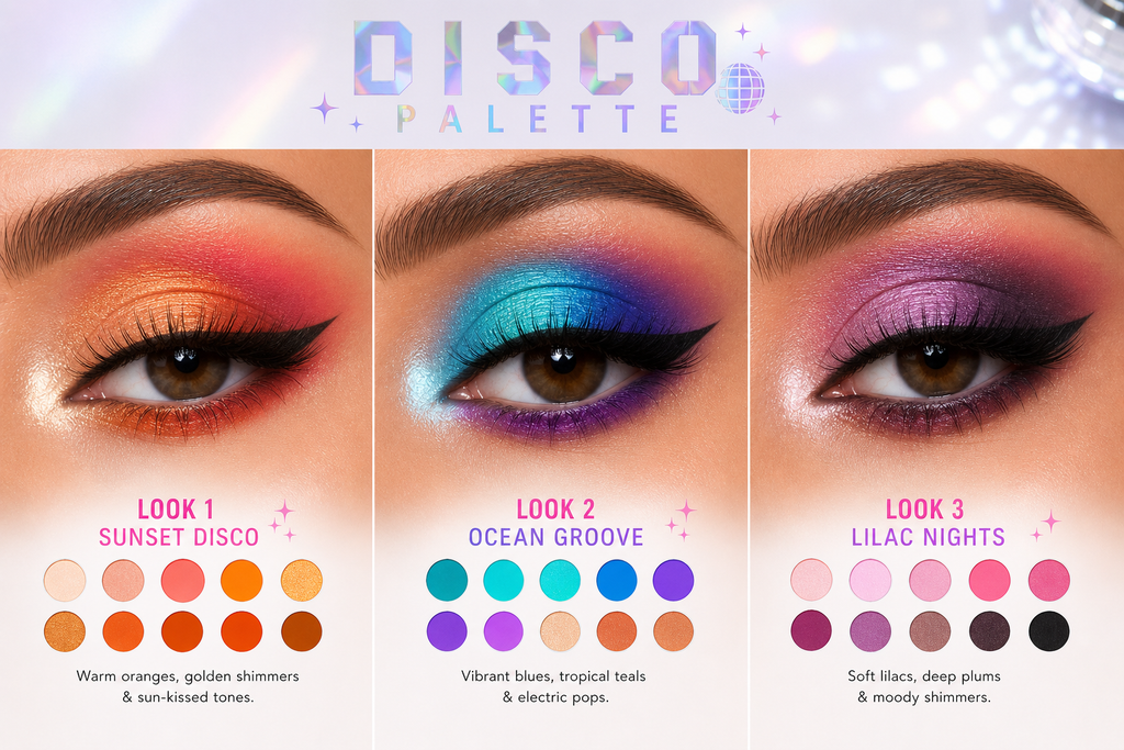 DISCO eyeshadow palette open showing full shade layout