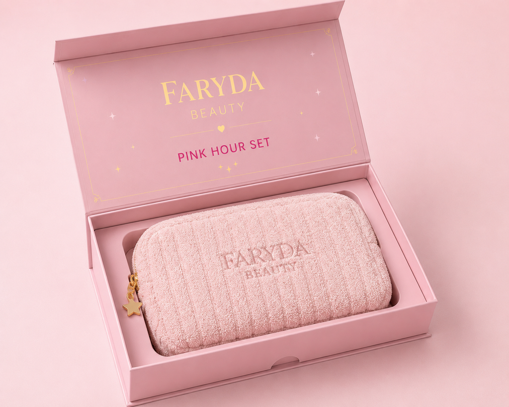 Pink Hour gift set contents flat lay – Faryda Beauty UAE