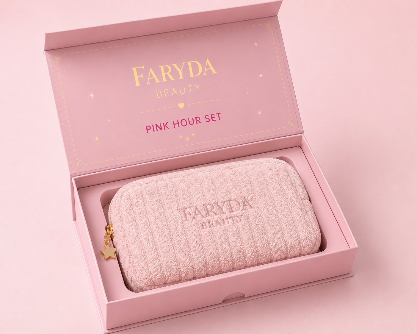 Pink Hour gift set contents flat lay – Faryda Beauty UAE